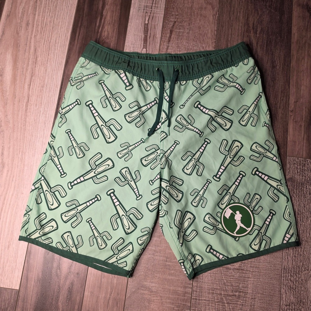 Baseballism Swim Trunks Mens Large Green Cactus Bat Print Board Shorts Excellent